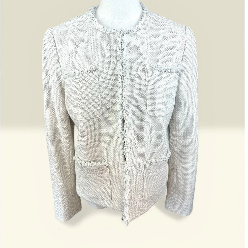 J.McLaughlin Tweed Lady Jacket Size S‎ Cream Fringe Trim Cotton Blend Excellent